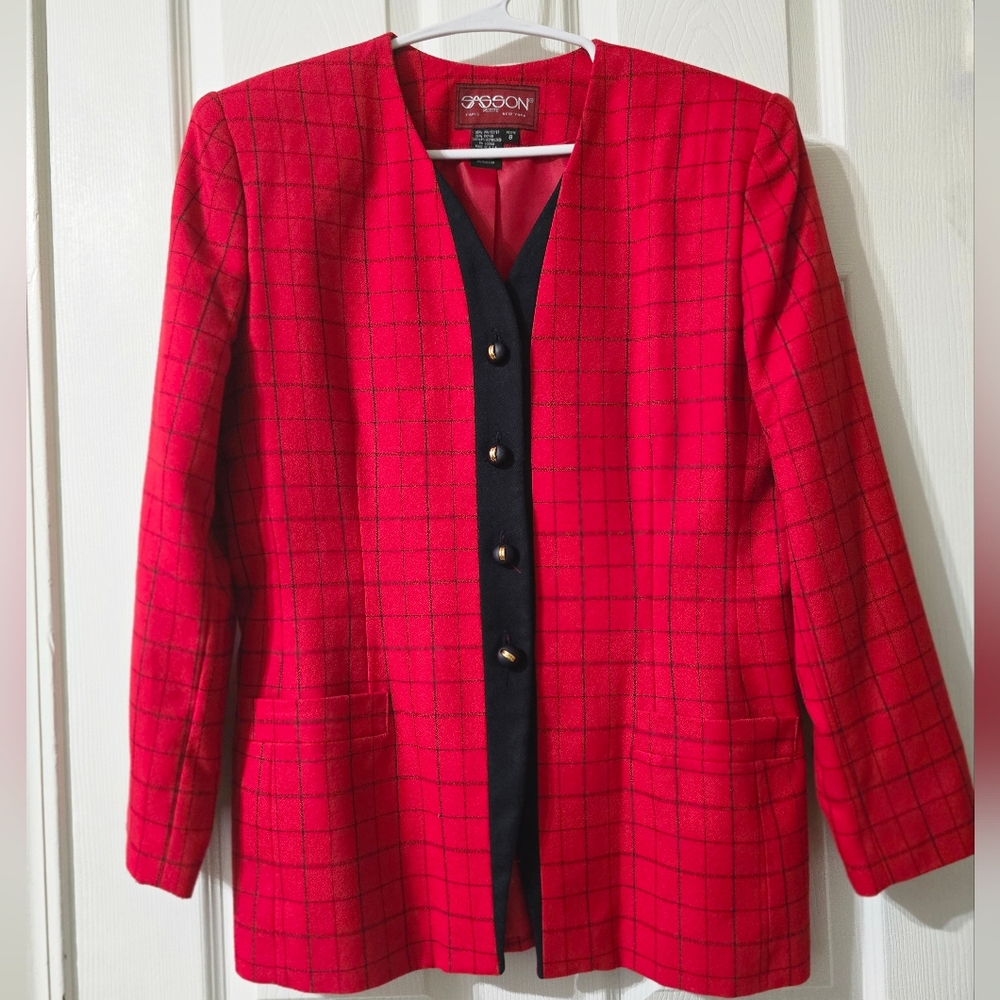 Vintage Sasson Collarless Tailored Blazer, Red & Black, Classic, Size 8P, EUC!